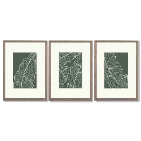 Set of 3 Minimal Green and Cream Botanical Leaves Framed Art Prints with Light Walnut Frames