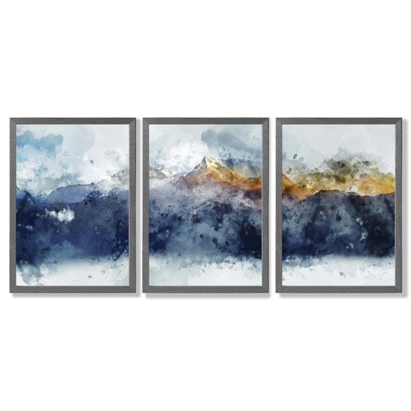 Artze Wall Art Framed Set of 3 Blue Yellow Mountain Art Prints
