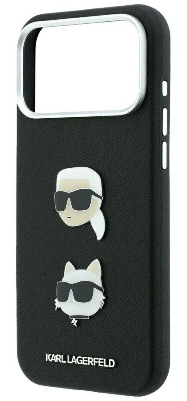 Karl Lagerfeld Saffiano Karl & Choupette Heads Pins Logo Case for iPhone 17/18 Pro Max 6.9" Black - KLHCP18XPSWFDHPK