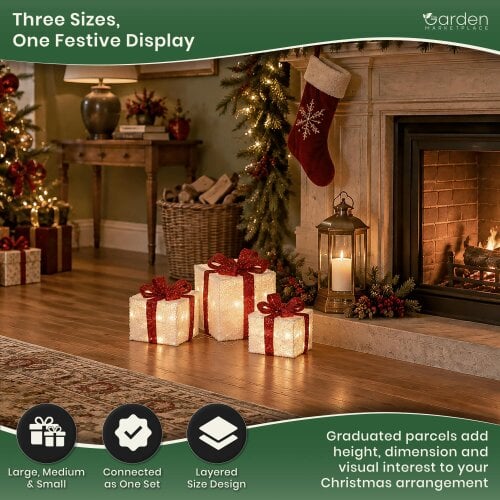 Light Up Christmas Parcels - Set of 3, White and Red with 35 White LEDs