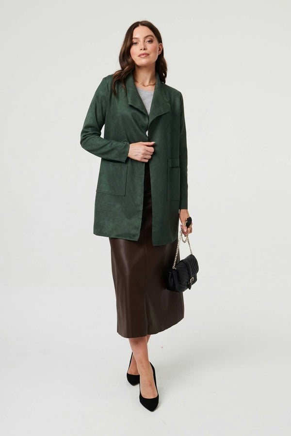 Green | Faux Suede Collared Open Front Jacket
