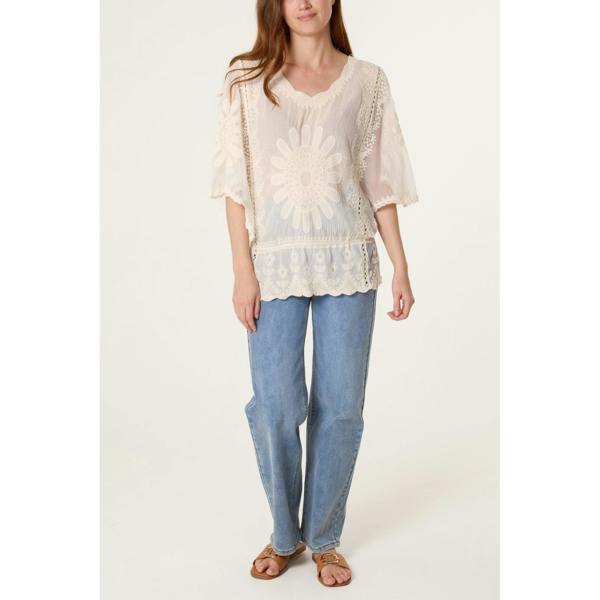 Blue Vanilla Sun Flower Lace Sleeve Blouse