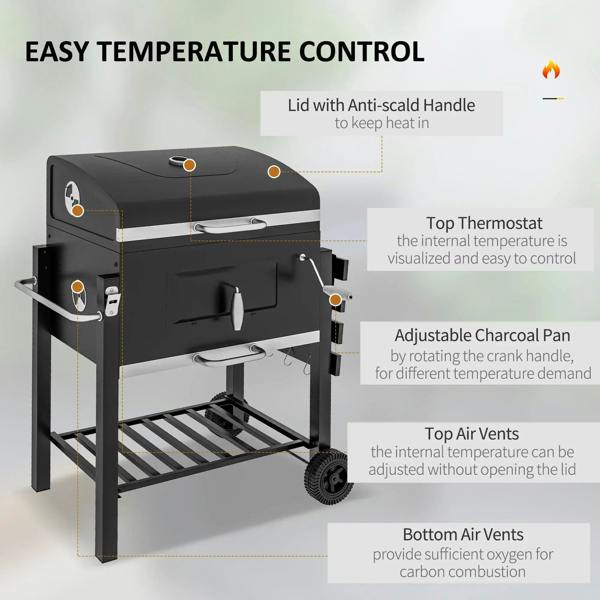 Black charcoal grill with adjustable air vents and top thermostat on lid