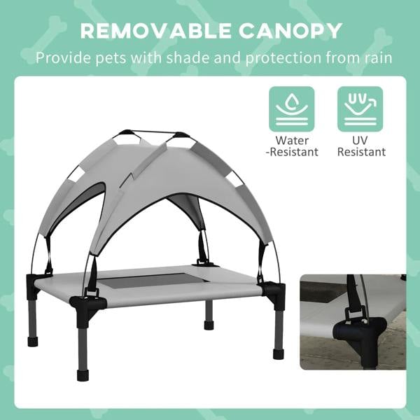 Light grey raised pet bed with removable canopy and zip/strap attachment points