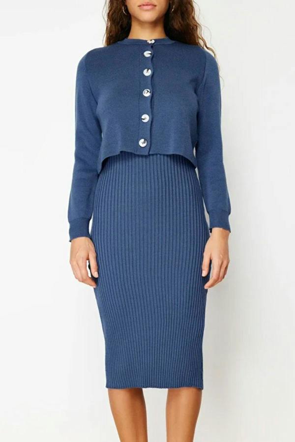 Hoxton Gal 2-Piece Midi Knit Basic Dress with Cardigan