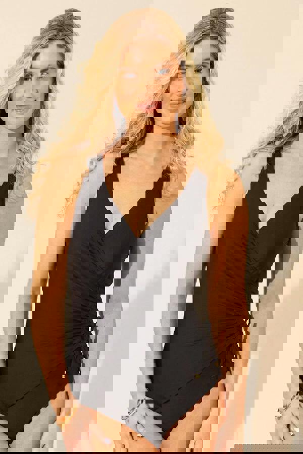 Black Side Gather Swimsuit Closeup