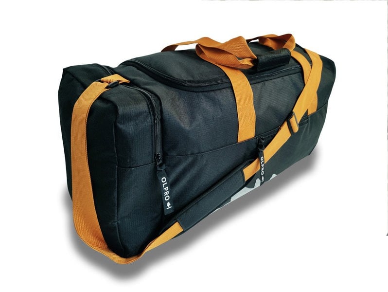 Black 40L Holdall OLPRO - fron left view showing orange straps and handles