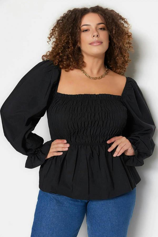 WOVCOR Square Neck Gathered Sleeves Woven Plus Size Blouse