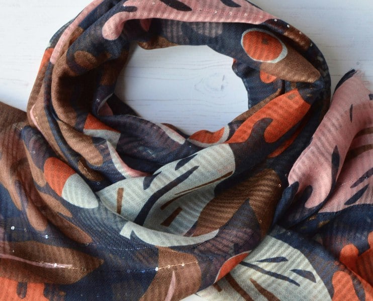 Antonia York Leaf Scarf | Hannah Soft Gauzy Wrap with Sequin Detail Orange Navy Blue Pink Brown