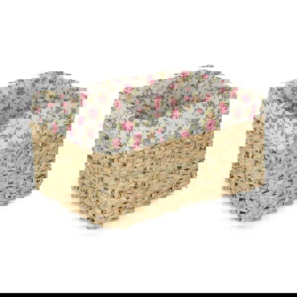 Medium Thatch Grass Woven Storage Basket with Garden Rose Cotton Lining