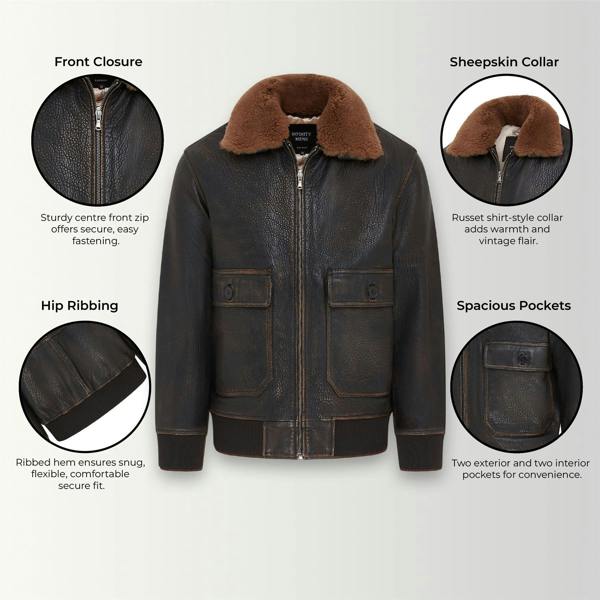 Infinity Leather Men's Brown Leather Bomber Sheepskin Collar G-1 Pilot Jacket - Trick