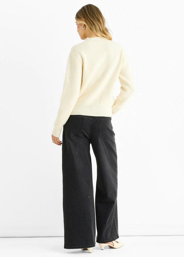 Gini London Cream Pearl Studded High Neck Knit Jumper