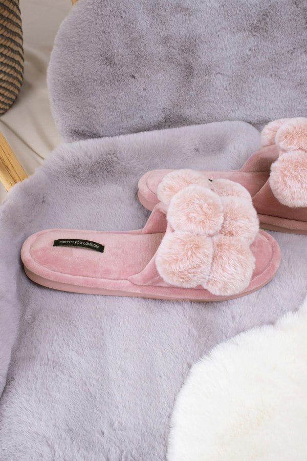 Pretty You London Women's Dolly Pom Pom Slippers in Pink