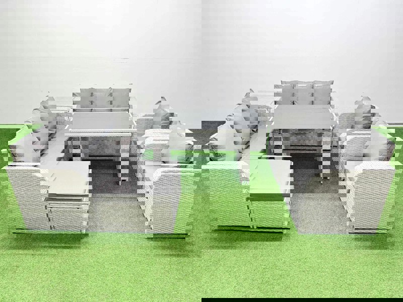 Fimous 9 Seater Wicker PE Rattan Furniture Outdoor Dining Table 3 Seater Sofa Reclining Chair Set with Side Table Big Stool Light Grey