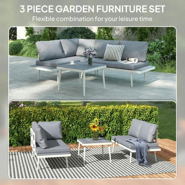 Bobobiy 3 Piece Garden Set with 5-Level Adjustable Lounger, L Shaped Garden Corner Sofa with Cushions, Slatted Wood-Grain Table, Grey