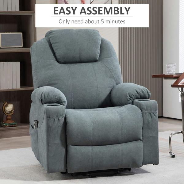 Charcoal grey lift-and-recline massage armchair with padded headrest and side control pocket.