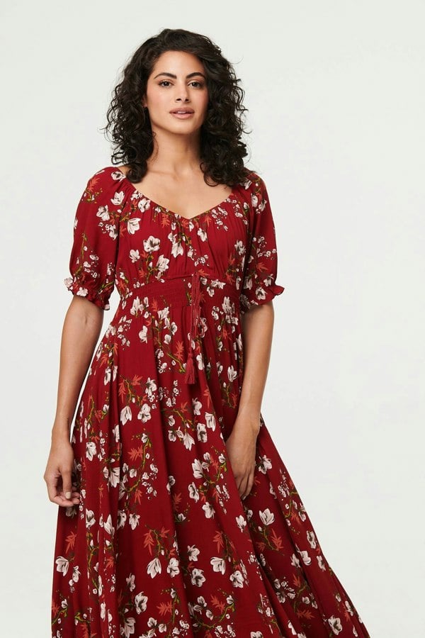 Red | Floral Bardot Shirred Empire Maxi Dress
