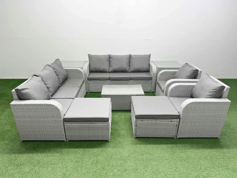 Fimous PE Rattan High Back Lounge Sofa Set Patio Coffee Table & Chairs Set with 3 Seater Sofa Reclining Chair 2 Big Footstool 2 Side Table Light Grey