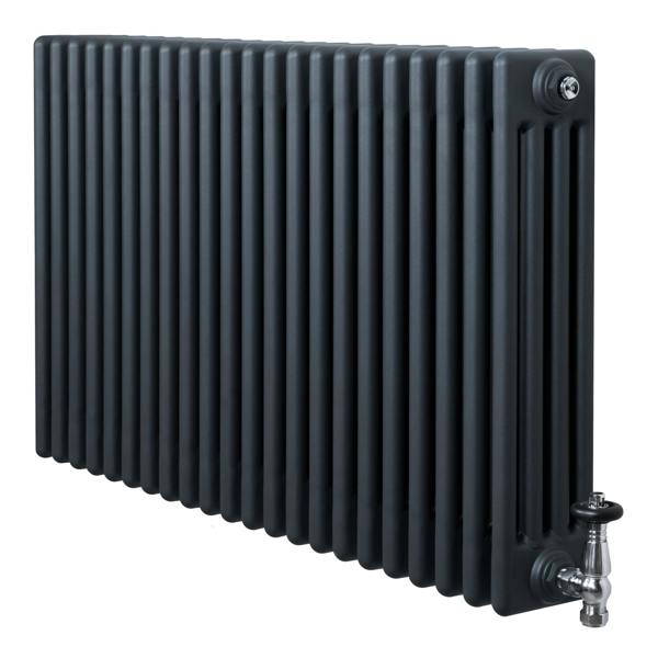 Traditional anthracite grey 4 column radiator with a sleek, textured finish and stylish valves, measuring 600 x 1010mm