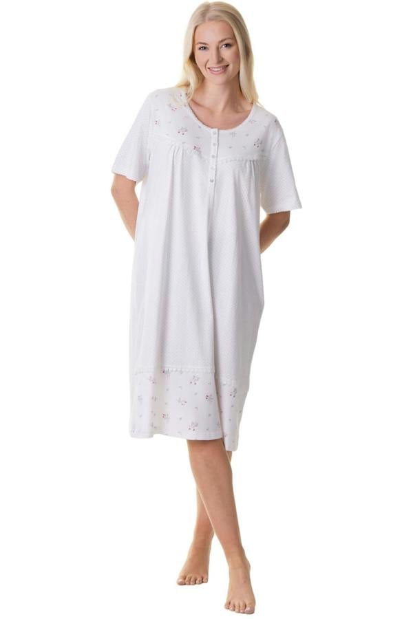 Womens 100% Cotton Short Sleeved Polka Dot White Nightdress
