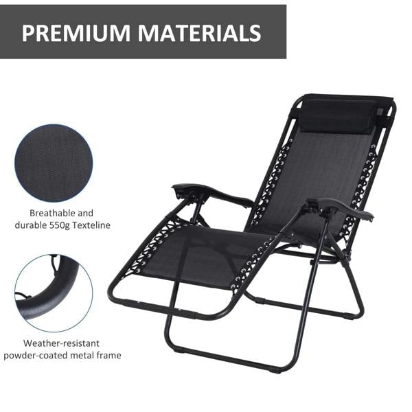 Black zero gravity chair with head pillow, breathable texteline fabric, powder-coated metal frame