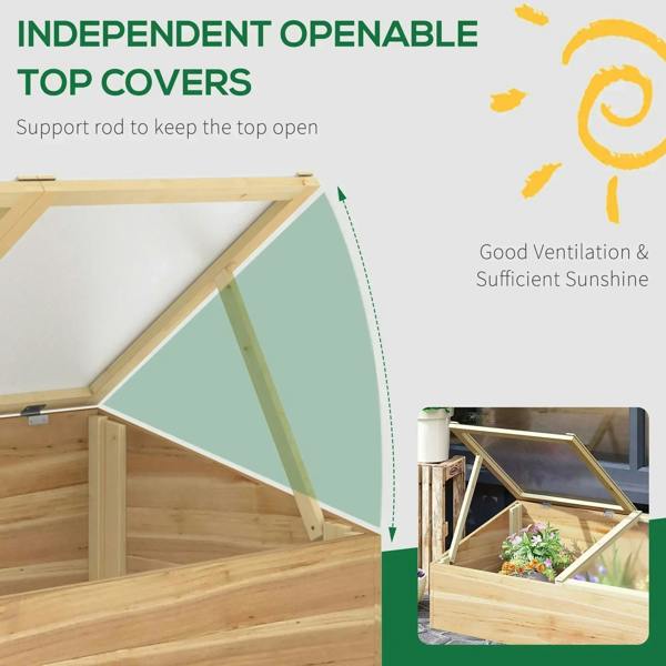 Wooden cold frame greenhouse with independently openable clear top covers