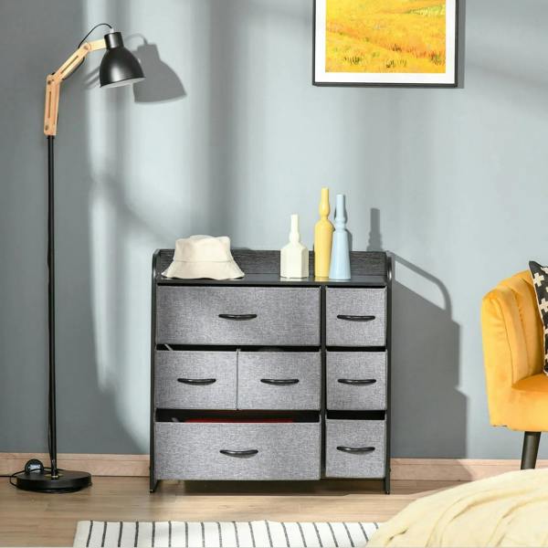 Grey fabric 3-tier drawer dresser with black metal legs and curved metal bar handles