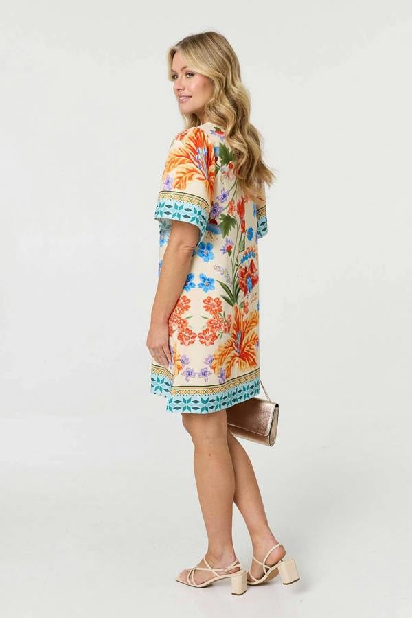 Orange | Floral Border Print Short Shift Dress