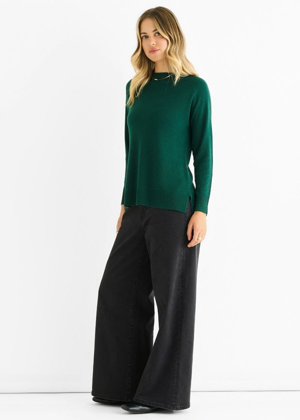 Gini London Green Crew Neck Fine Knit Oversized Jumper
