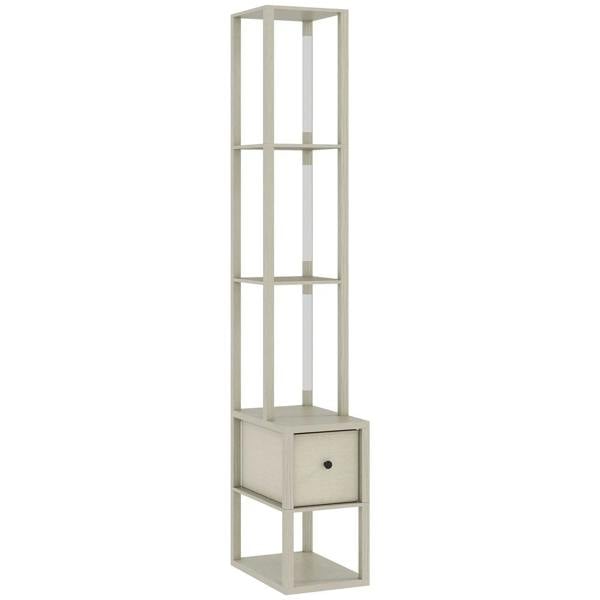 Light oak floor lamp with vertical shelves and beige fabric drawer cabinet