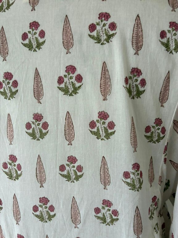 Bella Cream and Pink Wood block printed cotton voile dress
