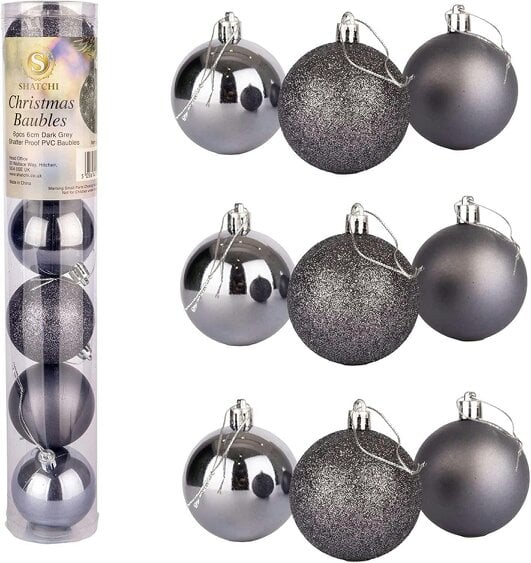 Shatchi Dark Grey Shatterproof Christmas Baubles in 6cm and Pack Sizes of 6 or 18 for Tree and Home Decorating