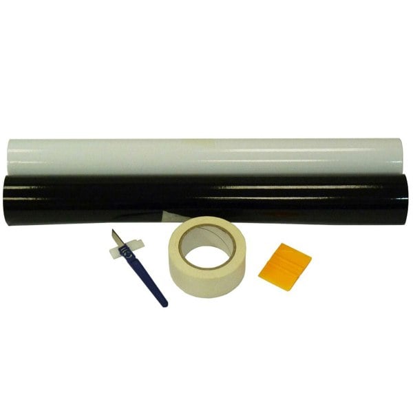 PixMax Vinyl Cutter Plotter accessories including black and white vinyl rolls, transfer tape, a weeding tool, and a squeegee