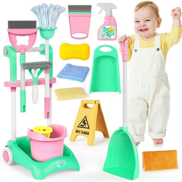 deAO Toys Kids Cleaning Trolley Set Housekeeping Pretend Play Set with Broom, Mop, Brush Dustpan Fun Cleaning Toys for Boys & Girls Aged, Perfect Gift