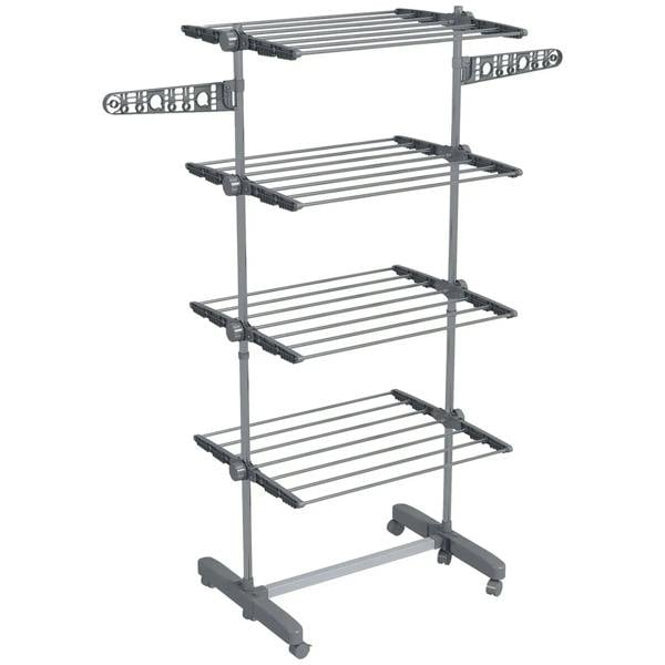 Grey four-tier wire drying rack with side arms, on wheeled legs