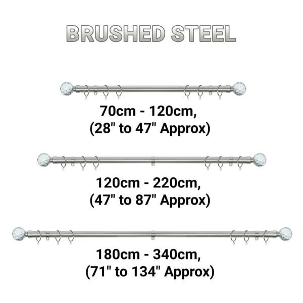 A.Unique Home Gem Crystal Extendable Curtain Pole (25/28mm) (Brushed Steel,70cm - 120cm)