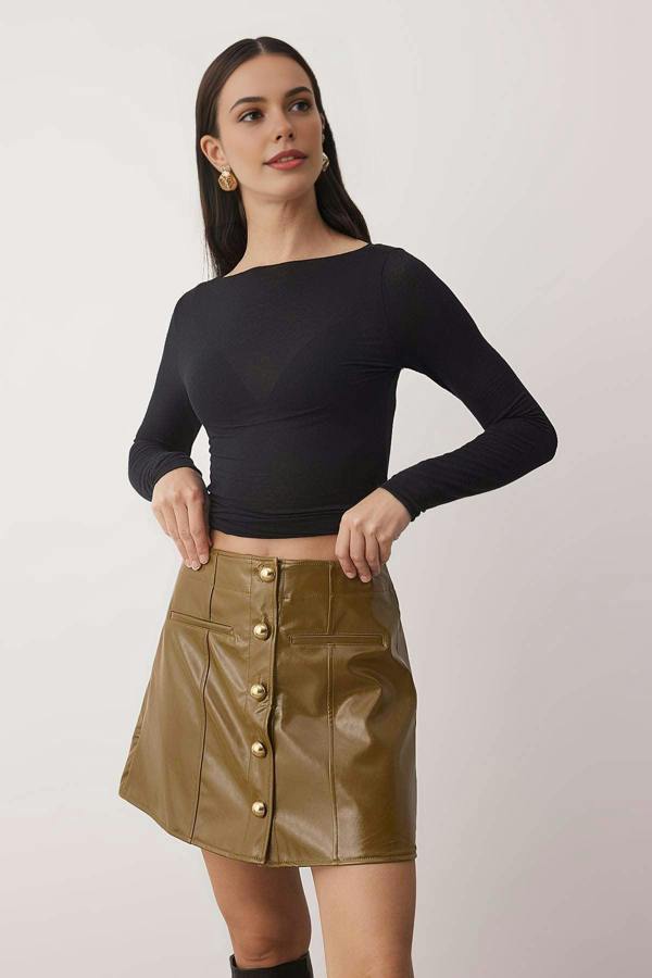 WOVCOR Patent Leather Mini Party Skirt with Gold Buttons