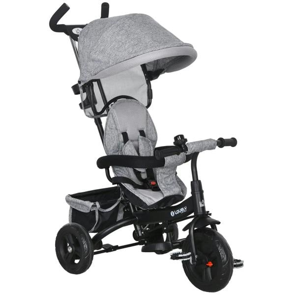Grey kids push trike with canopy, padded seat, and 5-point safety belt
