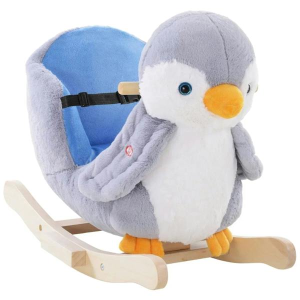 Gray and white plush penguin rocking toy with wooden curved rails and black safety strap