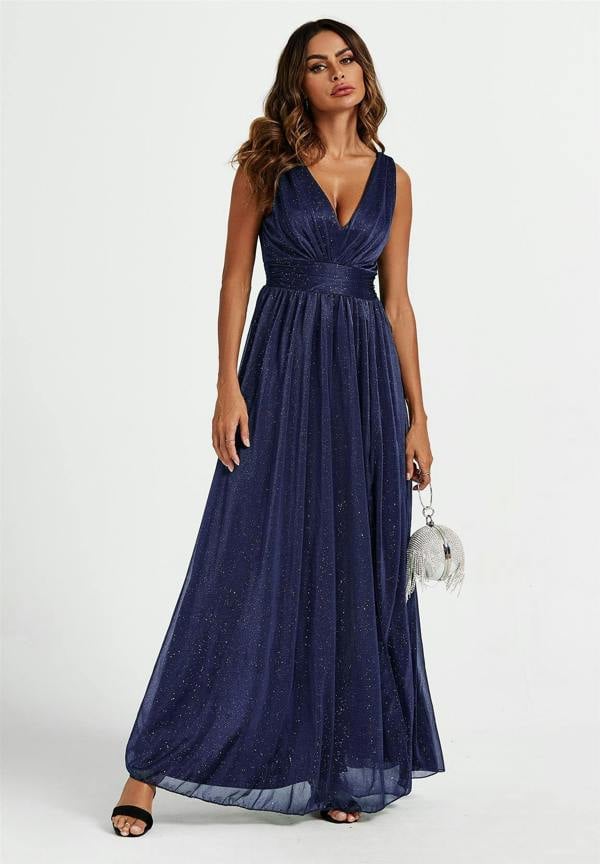 FS Collection Sparkly V Neck Bridesmaid Maxi Dress In Navy