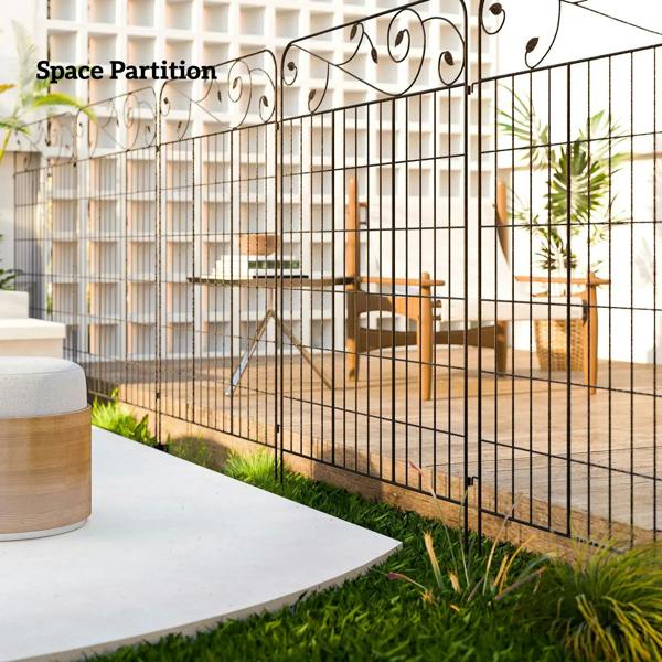 Black metal fence corner with adjustable angle shown, scrollwork top and grid panels