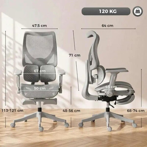 Ergonomic Office Chair with Lumbar Support, Mesh Reclining Desk Chair with Footrest, Adjustable High Back, Grey