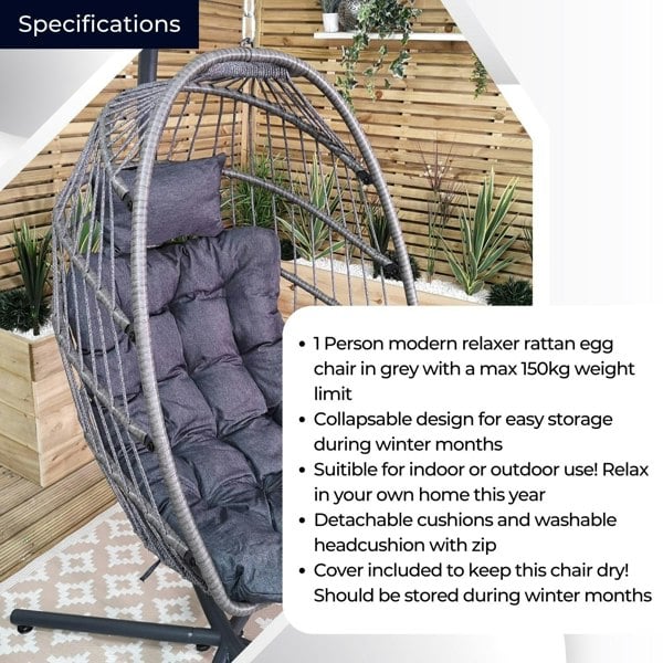 Samuel Alexander Hanging Egg Chair With Stand Waterproof Cover And Cushions Steel Frame Rattan Outdoor Swing Chair - Grey