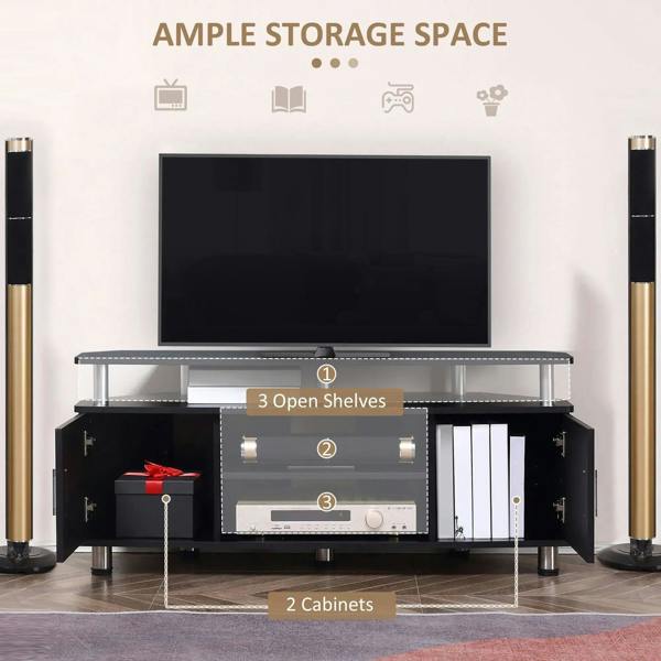 Black TV unit with three open shelves and two side cabinets for media storage