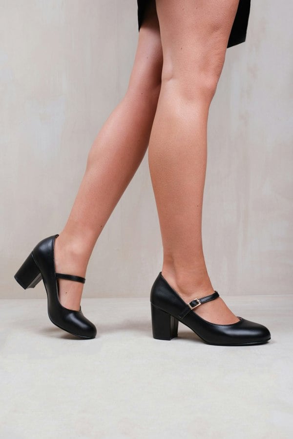 Where's That From Araceli Extra Extra Wide Fit Block Heel Mary Jane Pumps in Black Faux Leather