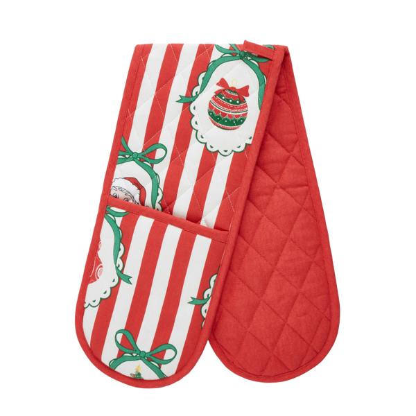 Catherine Lansfield Christmas Vintage Stripe Cotton Kitchen Double Oven Glove Red