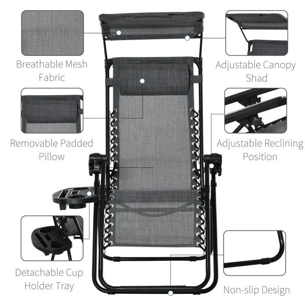 Light grey reclining mesh chair with removable padded pillow, cup holder tray, and canopy