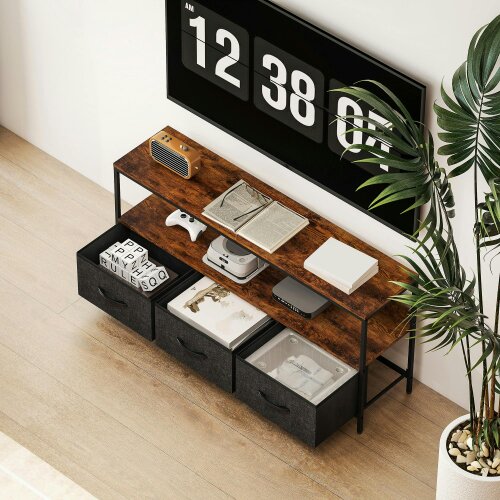 Wyld Haus Avasoro 120cm Rustic Brown TV Storage Unit With 3 Fold Down Fabric Drawers