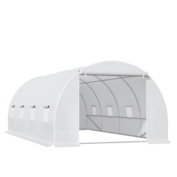 White polytunnel greenhouse with open front zipper door and arched metal frame