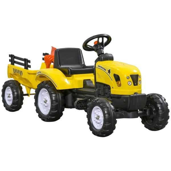 Yellow four-wheel ride-on tractor toy with black seat, steering wheel, and orange attachment